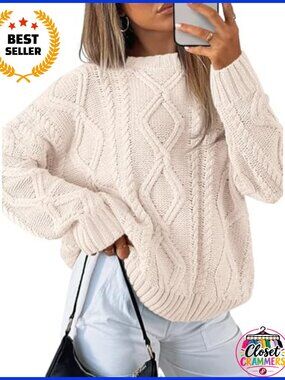 Oversized Cable Knit Sweater Long Sleeve Crew Neck Pullover Cozy Fall